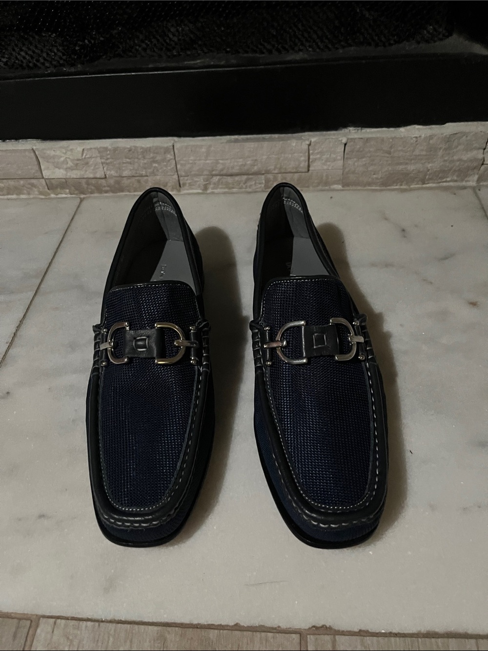 Donald J. Pliner Navy Blue Slip-On Loafers with Metal Bit